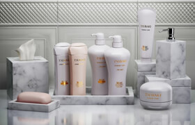 Set for Restoration Hardware bathroom with shampoos and plates