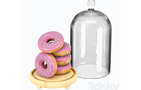 Serving dish with glass lid and donuts