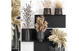 A set of bouquets of dried flowers in vases on a black metal