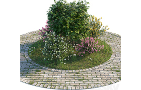 Flowerbed with bushes and grass